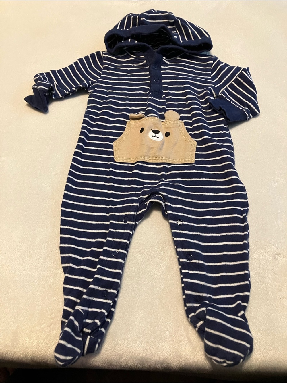 Striped Navy and White Hooded Baby One-Piece with Bear Pocket